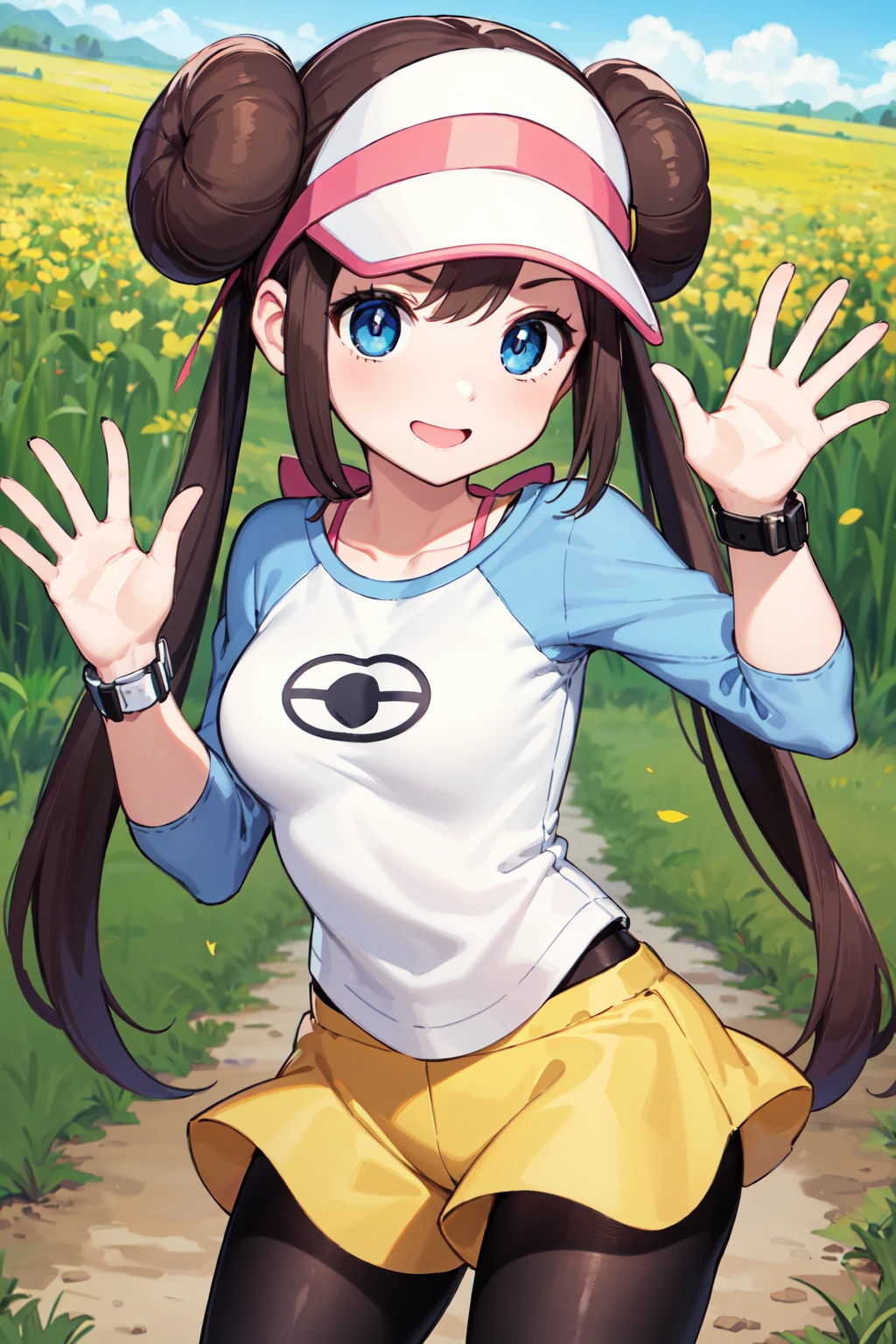 masterpiece, best quality, highres, ro1, hair bun, blue eyes, twintails, visor cap, pantyhose, raglan sleeves, yellow shorts, shirt, pink bow, wristwatch, <lora:rosa_(pokemon)_v10:0.7>, medium breasts, standing, cowboy shot, field, smile, waving,