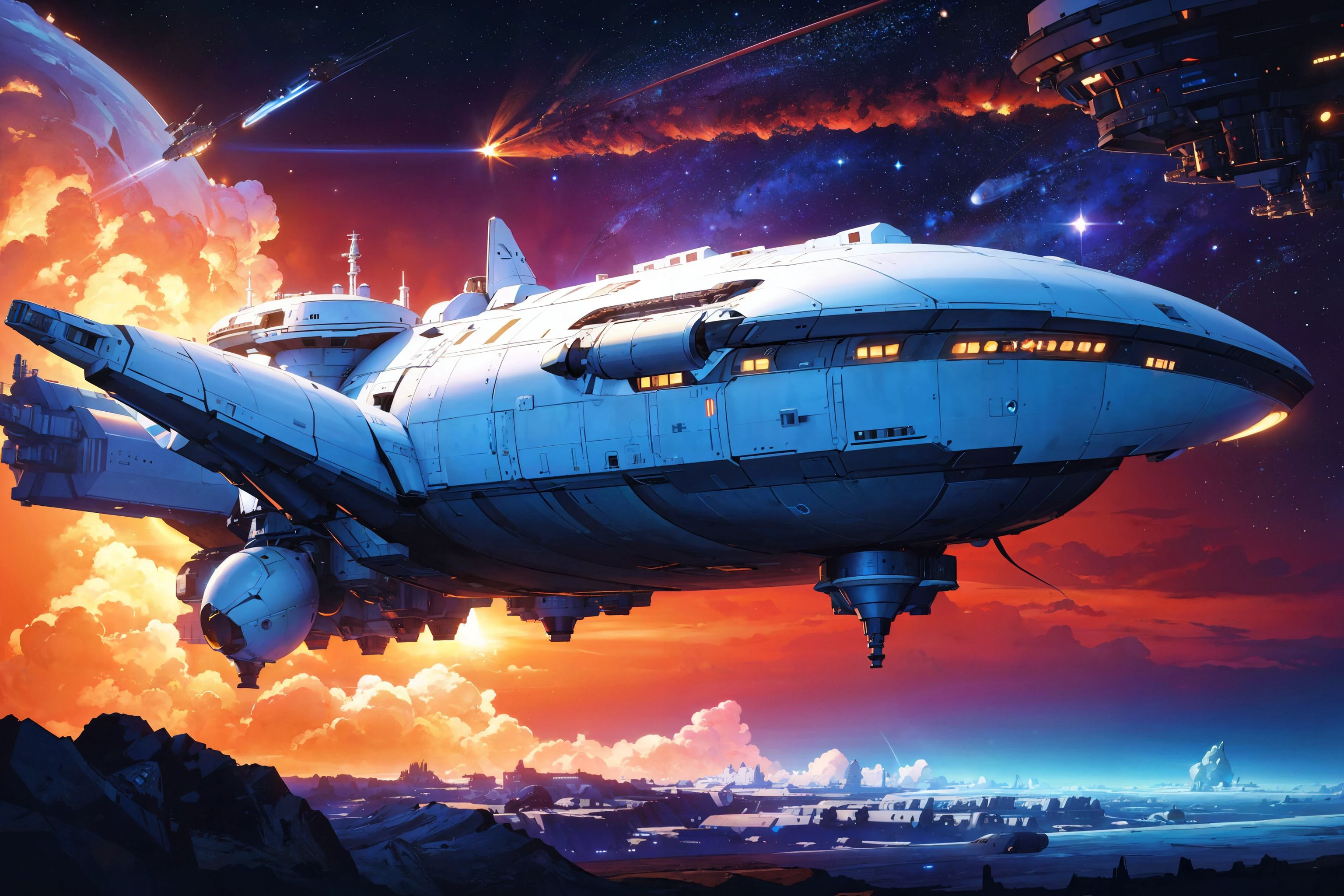 masterpiece,best quality,extremely detailed,a giant white spaceship docking,space station,(outer space:1.2),(retro futurism:1.1),cinematic,dramatic lighting,planets,