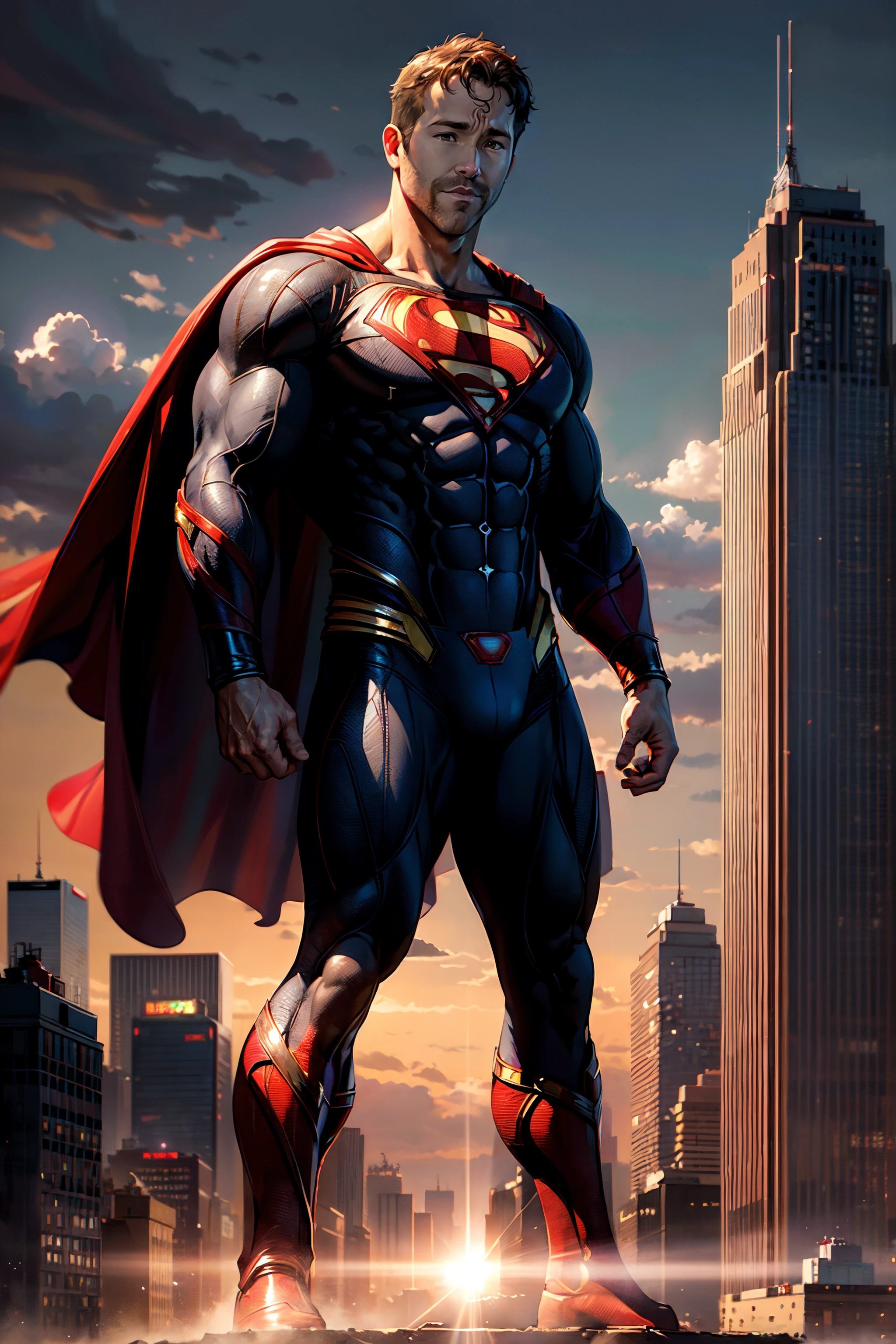 (full body), (Ryan Reynolds as Superman:1.25), (red cape), (((solo))), (Art by Jim Lee, & Zack Snyder) magnificent sky background, standing in front of  NYC skyline, dramatic, gorgeous, good anatomy, good proportions, hero pose, award winning, masterpiece, volumetric lighting, ((empty hands)), centered, (realistic oil painting:1.2),