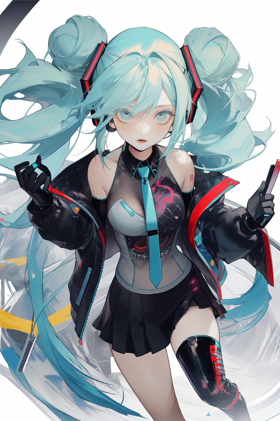 <lora:hutao:0.6:OUTALL>,<lora:mature4:0.6:OUTALL>,<lora:niji5-4:0.6:OUTALL>,
1girl, best quality, masterpiece, boots breasts double_bun earrings eyes_visible_through_hair gloves grey_hair hair_bun half_gloves jacket jewelry medium_breasts mouth_veil off_shoulder open_clothes dynamic pose open_jacket aqua_eyes hatsune miku cyberpunk fashion acid alternative punk underground skirt solo art, absurdres official art magazine cover