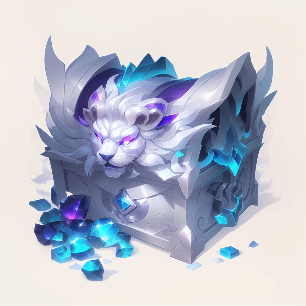 (Masterpiece, Top Quality, Best Quality, Official Art, Beauty of Beauty :1.2), (8k, Best Quality, Masterpiece :1.2), (((white background,)))
(item/baoxiang), Fantasy, has a treasure chest in the shape of a silver lion head, (tail), purple and blue <lora:baoxiang:0.5>