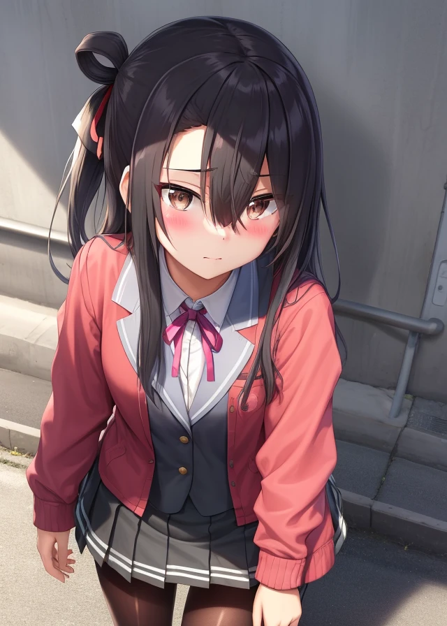 masterpiece,ultra detail,best quality,1girl, <lora:akazawa-red-style-v1:0.7>,black ponytail,petite,blouse,miniskirt,evil smile,fang,blush,small breasts,open stance,outdoor,looking at viewer,carrying randoseru backpack <lora:randoseru_v1.3:0.7>