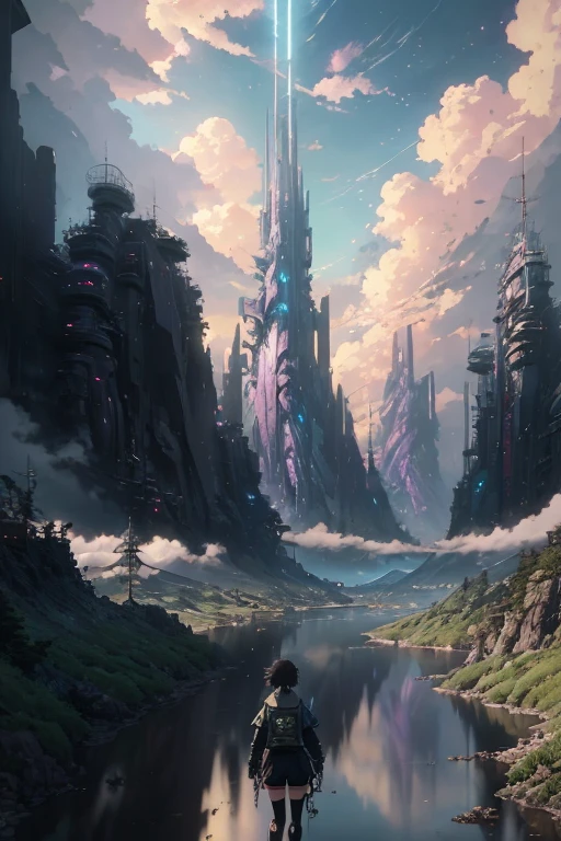 cloudy sky background lush landscape illustration concept art anime key visual trending pixiv fanbox by wlop and greg rutkowski and makoto shinkai and studio ghibli, highres, trending on ArtStation, High Detail, (masterpiece), original, leather jacket, reflections, concept art, solarpunk in deviantart, full body, Sharp focus, camping, mascara, highly detailed photo:1,
