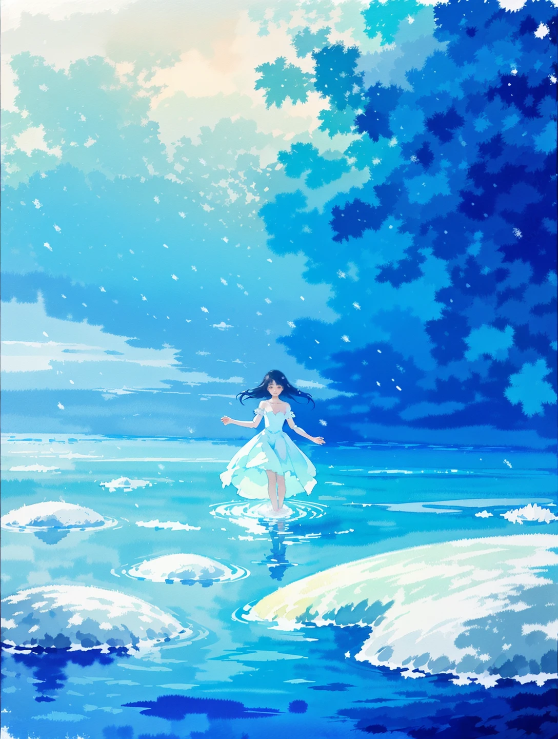 artstyle,, Water color painting, landscape of a Elegant girl, Snowing, Peaceful, Royalcore, Light caustics, Ektachrome