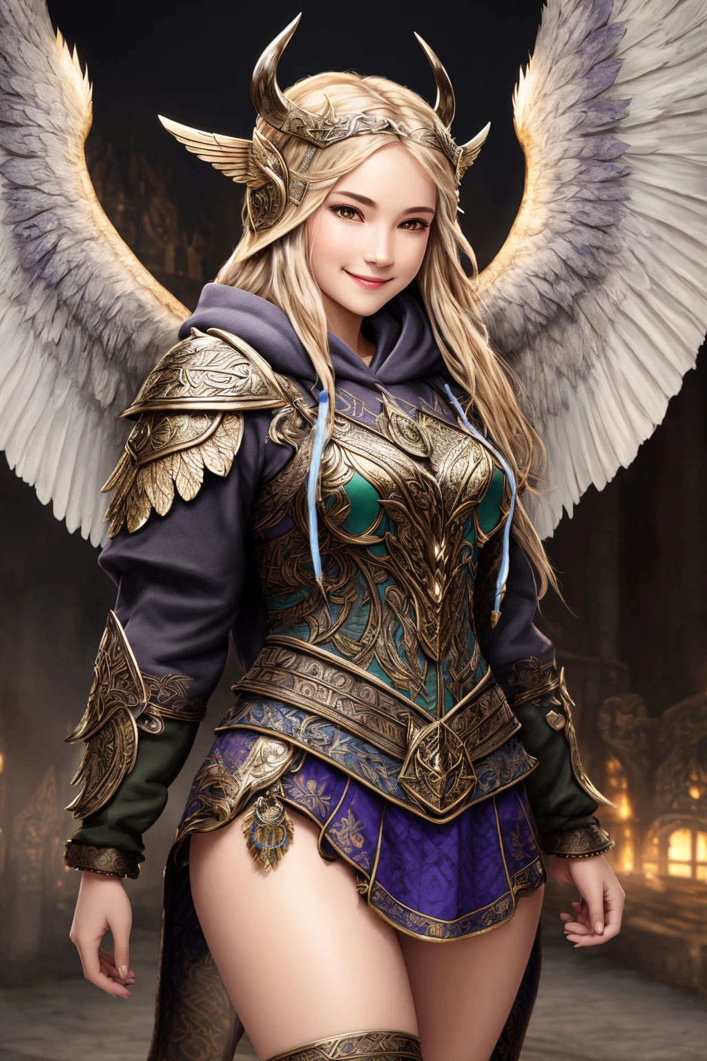 Masterpiece, absurdres, fine detail, HDR,beautiful smile, highly detailed facial features,
multicolor fabric, hoodie, a [woman|walkure] posing for a picture , wearing [walkure_armor, viking|hoodie], WINGS, viking,norse setting
 <lora:ValkHoodie:0.75>