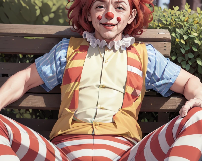 (thick mature man clown face and red afro hair:1.5), chromatic_aberration, clown, cosplay_photo, depth_of_field, figure, film_grain, photorealistic, (a yellow vest with a red and white striped shirt:1.3), hisoka morow pose of abe takakazu, lying park bench,