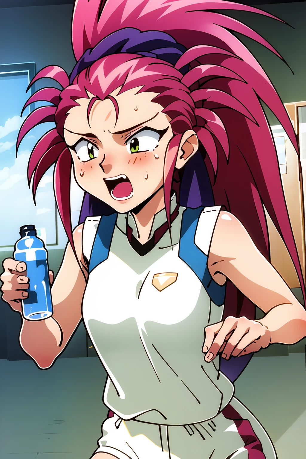 masterpiece, best quality, highly detailed, 1girl, hakubi washuu, athletic clothing, medium breasts, sportswear, water bottle, running, sweating, open mouth, very long hair, spiked hair, red hair, best quality, highly detailed