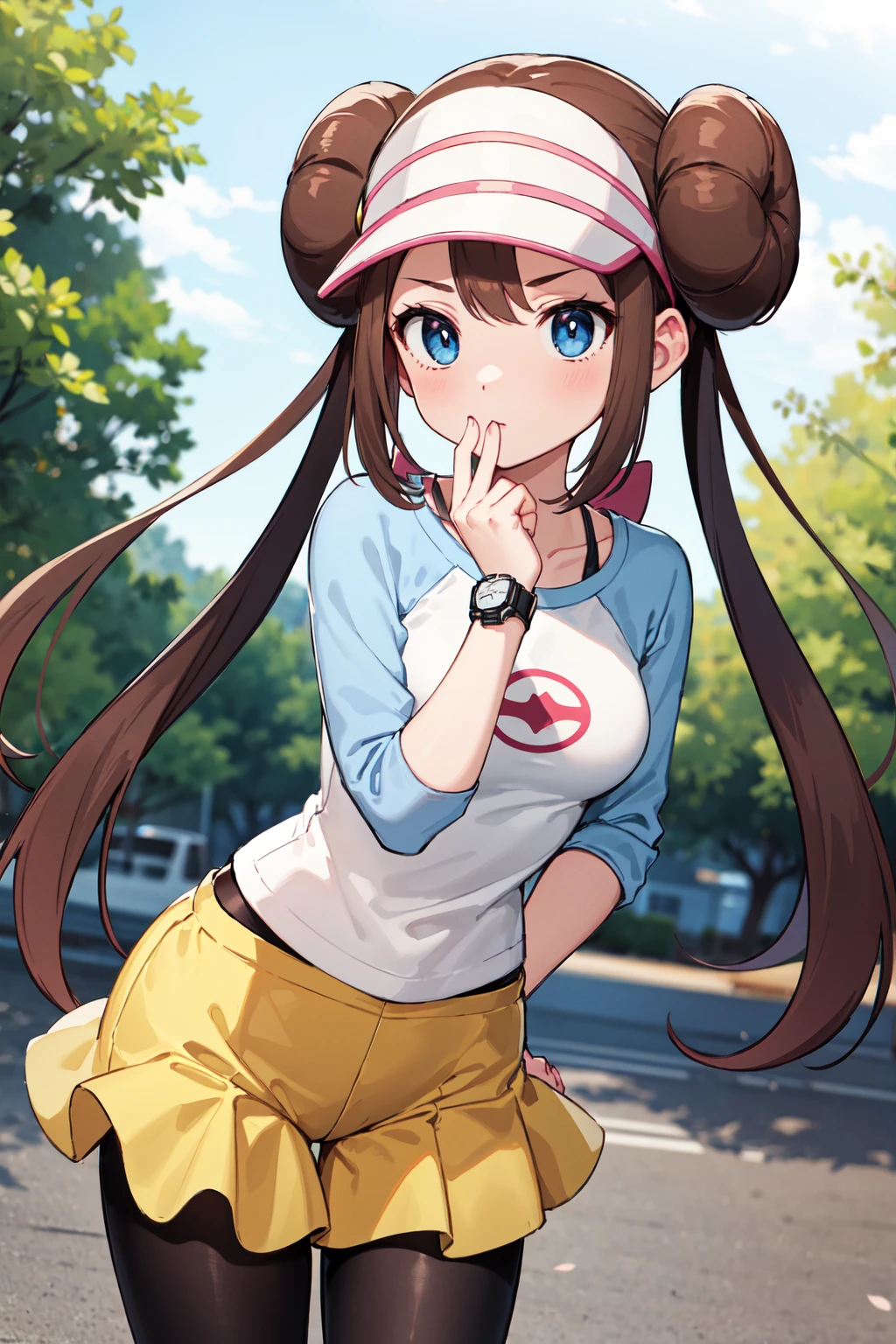 masterpiece, best quality, highres, ro1, hair bun, blue eyes, twintails, visor cap, pantyhose, raglan sleeves, yellow shorts, shirt, pink bow, wristwatch, <lora:rosa_(pokemon)_v10:0.7>, standing, hand on own chin, outdoors, cowboy shot,