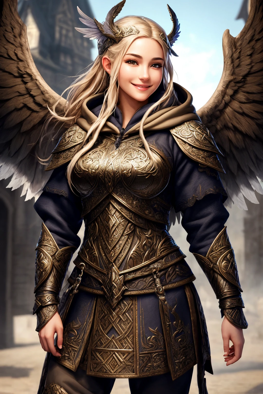 Masterpiece, absurdres, fine detail, HDR,beautiful smile, highly detailed facial features,
hoodie, a [woman|walkure] posing for a picture , wearing [walkure_armor, viking|hoodie], WINGS, viking,norse setting
 <lora:ValkHoodie:0.75>