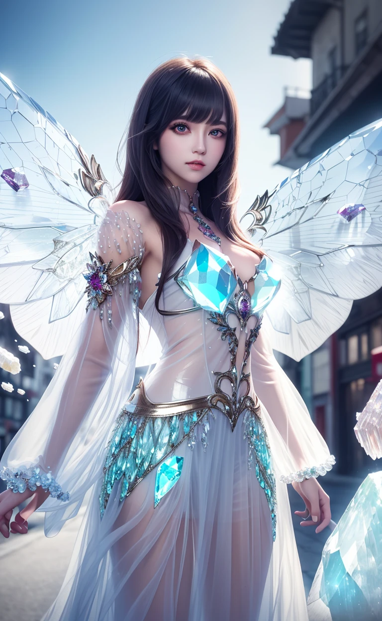 realistic,photorealistic,masterpiece,best quality,1girl,solo,(standing in street),looking at viewer,(((crystals texture Hair))),big top sleeves,floating,beautiful detailed eyes,overexposure,side blunt bangs,buttons,bare shoulders,light shafts,soft focus,character focus,wings,(((Transparent wings))),
