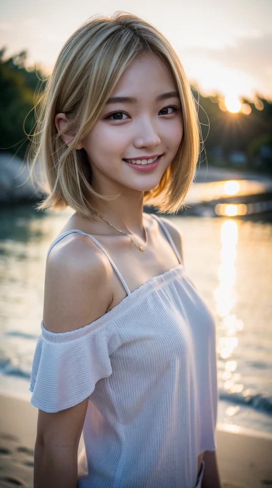 8k, best quality, masterpiece, realistic, ultra detail,  photography, HDR, ROW photo, highres, absurdres, studio light, official art, depth of field,
close-up, slender, cute face, smile, beautiful details eyes, 19years old korean, pretty, Shoulder length bob hair with light blonde color, 
beach, sunset, shirt,