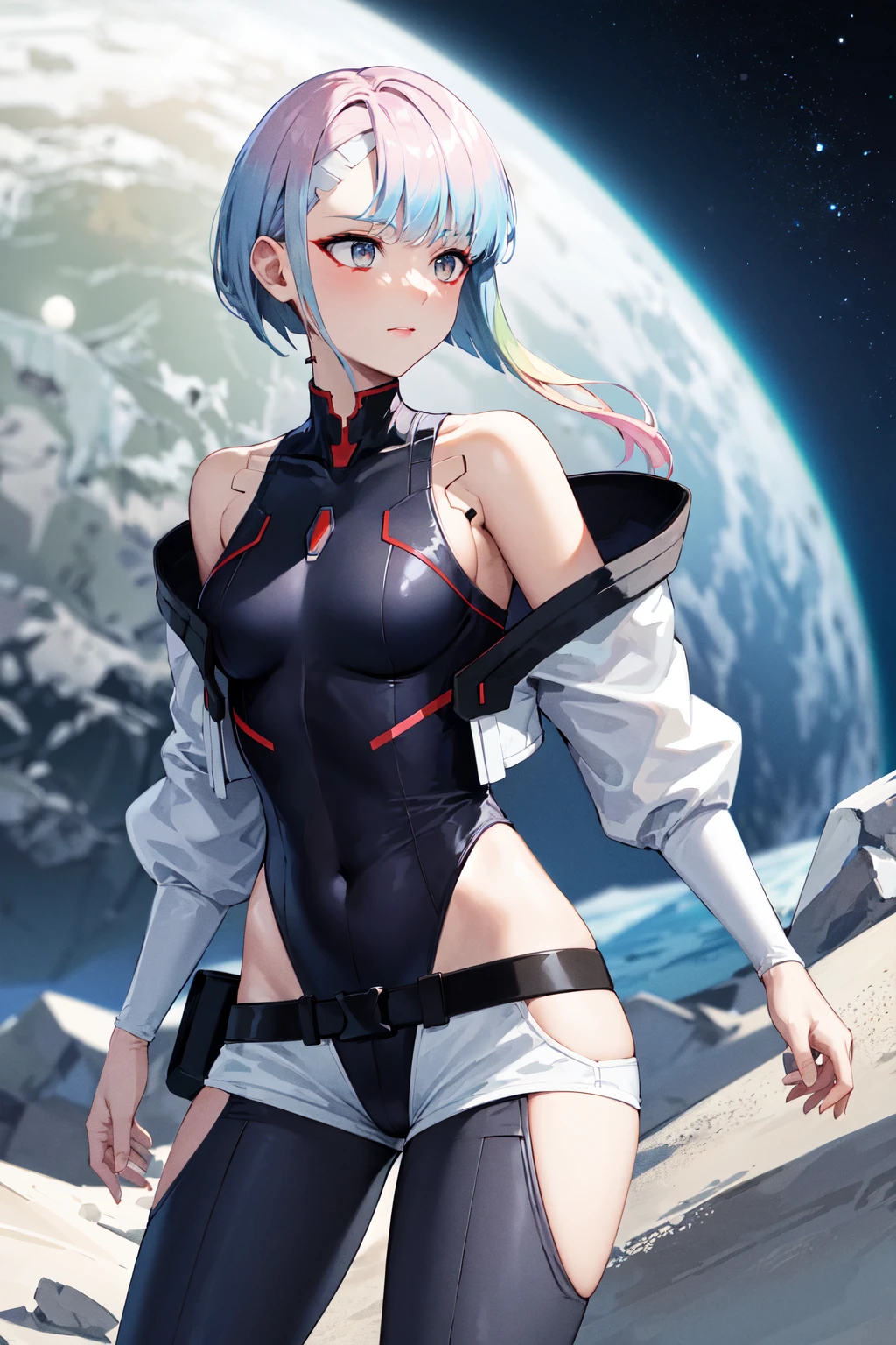 masterpiece, best quality, highres, lu1, cyborg, multicolored hair, makeup, bare shoulders, black leotard, highleg leotard, (thong:1.1), white jacket, open jacket, belt, shorts, <lora:lucy_(cyberpunk)_v10:0.7>, cowboy shot, planet, moon, earth (planet)