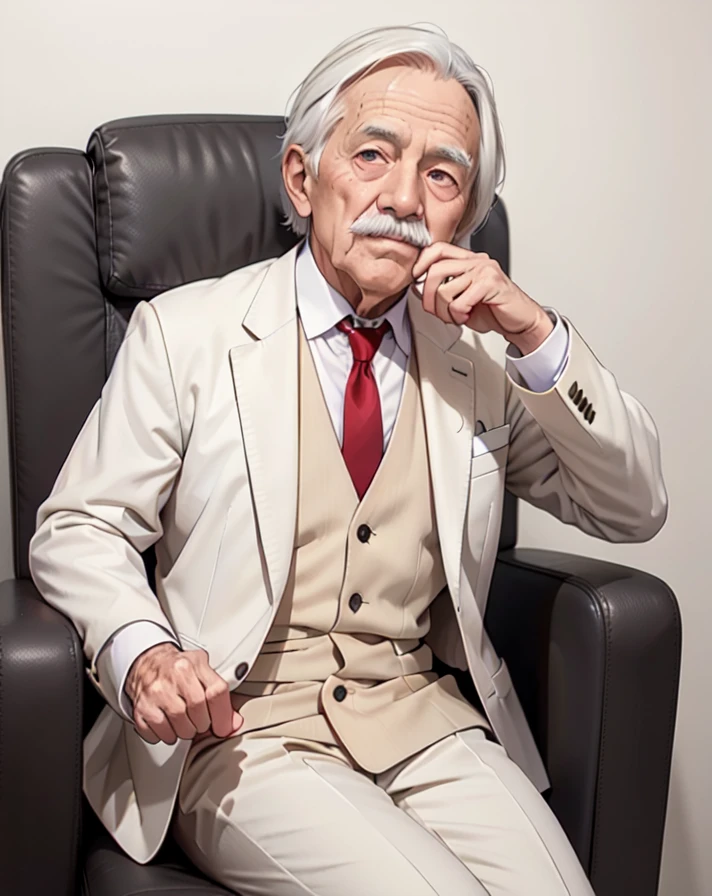 (An 80 years old man with nasolabial folds on his face:1.1), (white mustache:1.1), white suits, white short cut corners hair ,long brown red tie, beige jacket, his both fingers in front of his face, Werther's Original, sitting on the chair, glowing eyes, morinaga