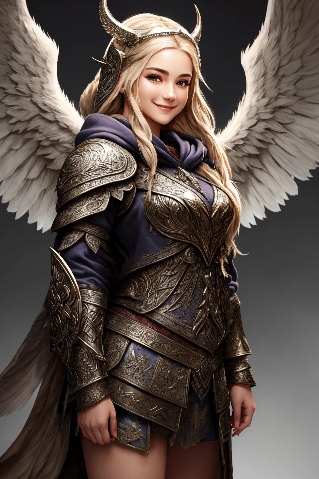 Masterpiece, absurdres, fine detail, HDR,beautiful smile, highly detailed facial features,
hoodie, a [woman|walkure] posing for a picture , wearing [walkure_armor, viking|hoodie], WINGS, viking,norse setting
 <lora:ValkHoodie:0.75>