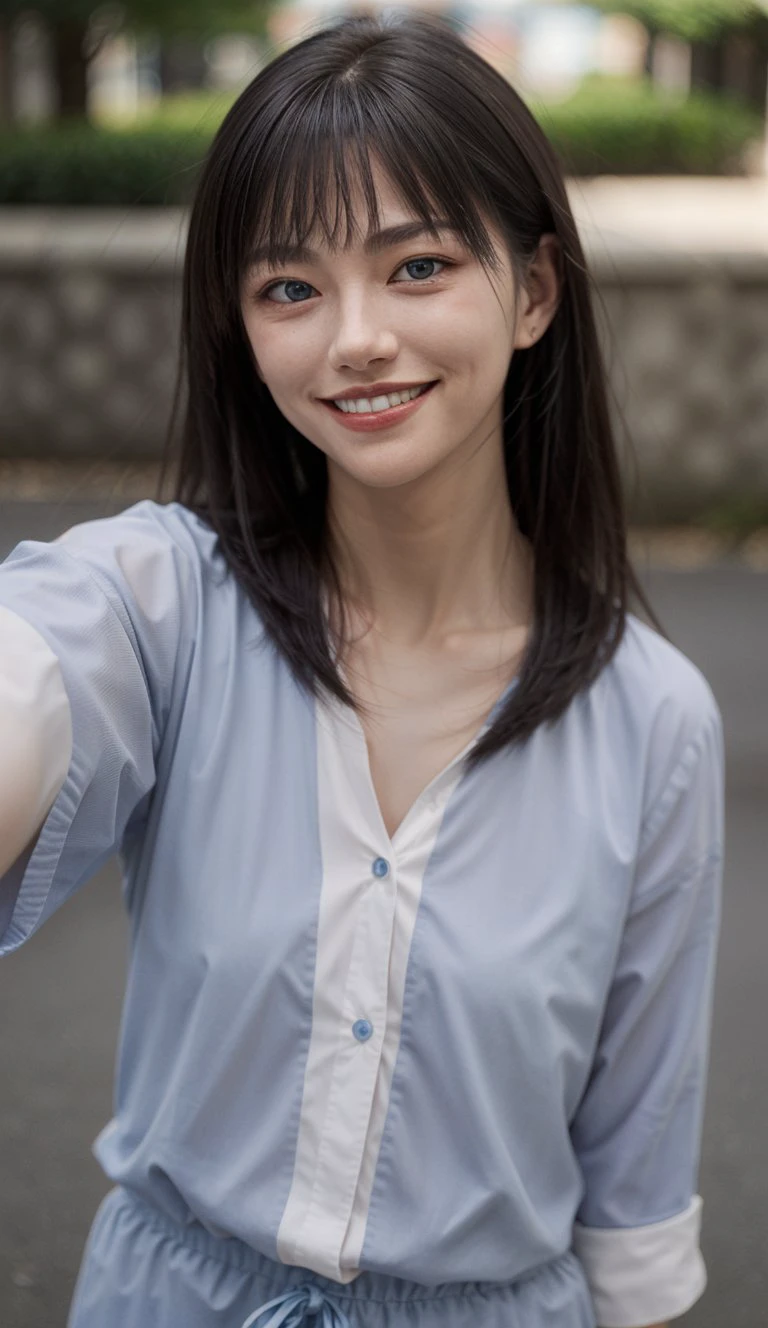 1girl, looking at viewer, upper body, depth of field, smile, teeth, blue eyes, selfie