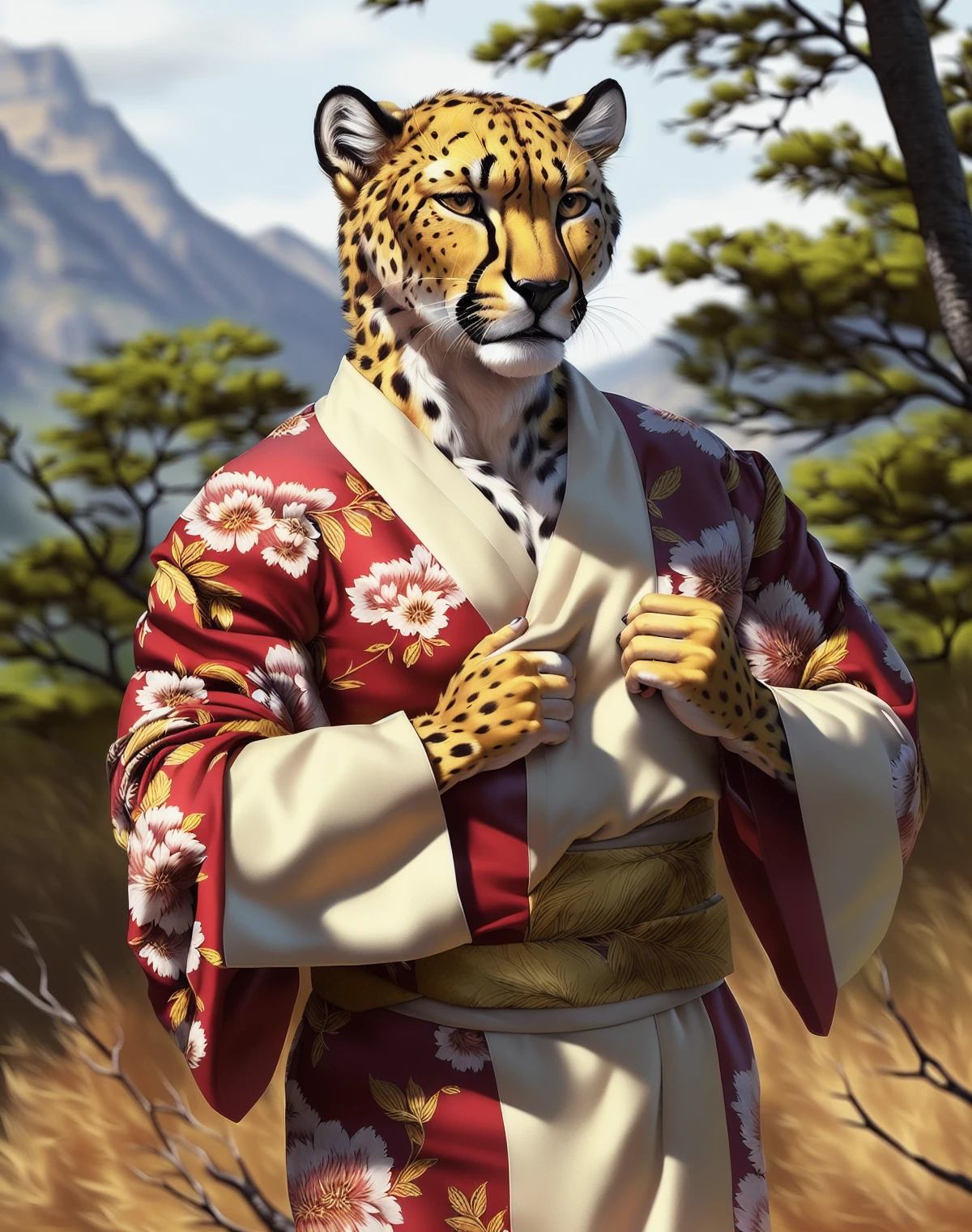 anthro (cheetah), male, adult, muscular, kimono, (realistic fur, detailed fur texture:1.2), detailed background, wilderness background, photorealistic, hyper realistic, ultra detailed,