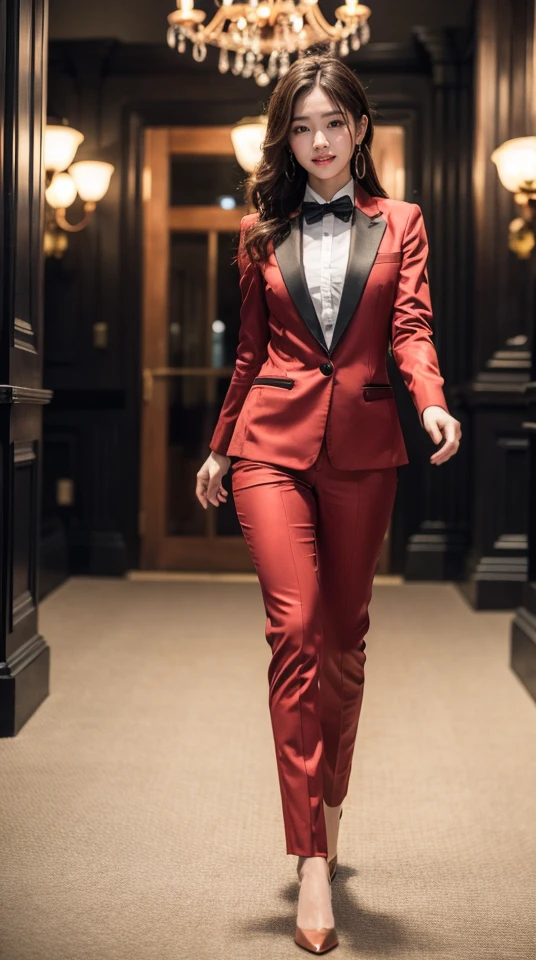 8k, best quality, masterpiece, realistic, ultra detail, photography, HDR, ROW photo, highres, absurdres, studio light, official art, depth of field,
full body, slender, cute face, smile, beautiful details eyes, 19years old korean, pretty, Loose curls with copper red color, Tuxedo pantsuit, chandelier earrings, Walking paths for strolling or jogging, dynamic pose,