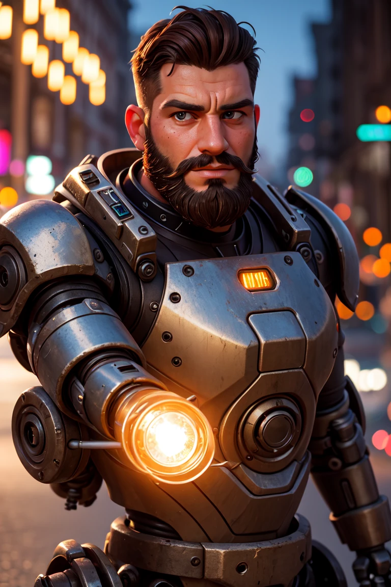 close up Portrait photo of muscular bearded guy in a worn mech suit, ((light bokeh)), intricate, (steel metal [rust]), elegant, sharp focus, photo by greg rutkowski, soft lighting, vibrant colors, masterpiece, ((streets)), detailed face