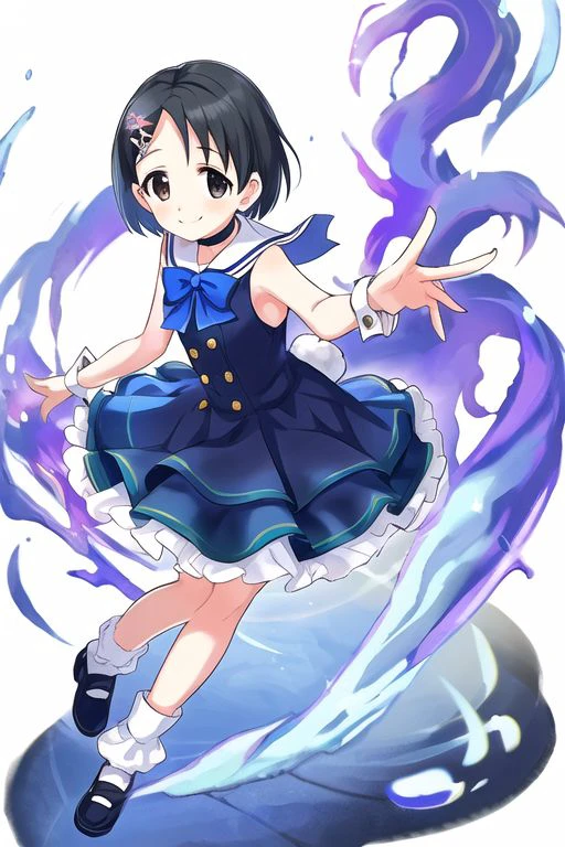 Sasaki Chie, 
1girl, black choker, black eyes, black hair, blue bow, blue bowtie, blue socks, bow, bowtie, braid, brown footwear, buttons, checkered clothes, choker, clenched hand, dress, female child, flat chest, frilled skirt, frills, full body, hair bow, hair ornament, layered dress, light blush, looking at viewer, rabbit hair ornament, reaching, reaching towards viewer, sailor collar, sailor dress, shoes, short hair, skirt, sleeveless, sleeveless dress, smile, socks, solo, standing, white background, white sailor collar, wrist cuffs
<lora:u149-v4.0:1>