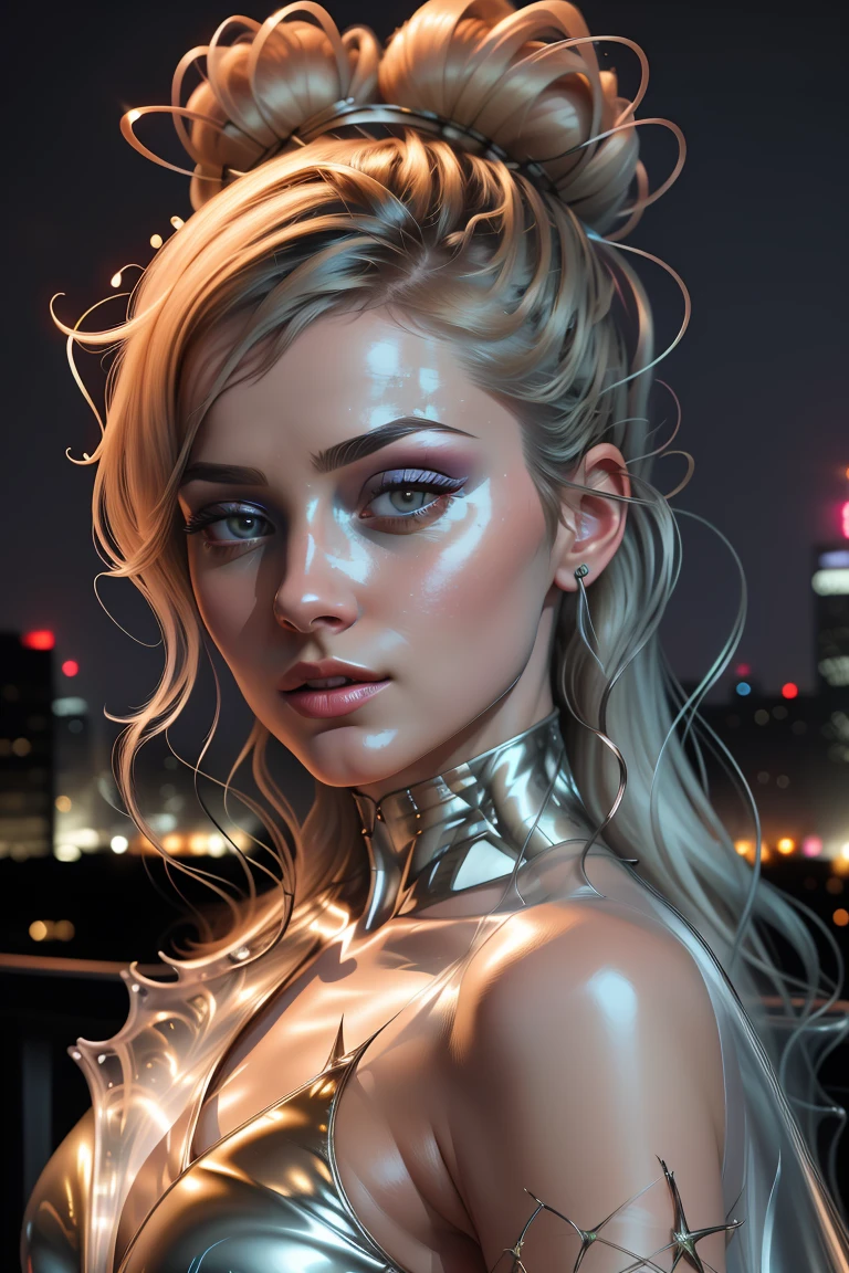 (8k, masterpiece:1.2), Night view of city streets, The lights of the night, (ultra highres:1.0), watercolor, a beautiful woman, wearing loose reflective white blouse, weird future fashion with straps, shoulder, thorny hair ribbons, (portrait shot, close up:1), extremely luminous bright design, (detailed face), heavy glow makeup, model photoshoot style, very long hair, intricate, elegant, hdr, backlighting, realism, (hyperrealism), (cinematic), (hyperdetailed:1.2), best quality, (best quality:1.0), close up, <lora:weird future fashion_v4:1>