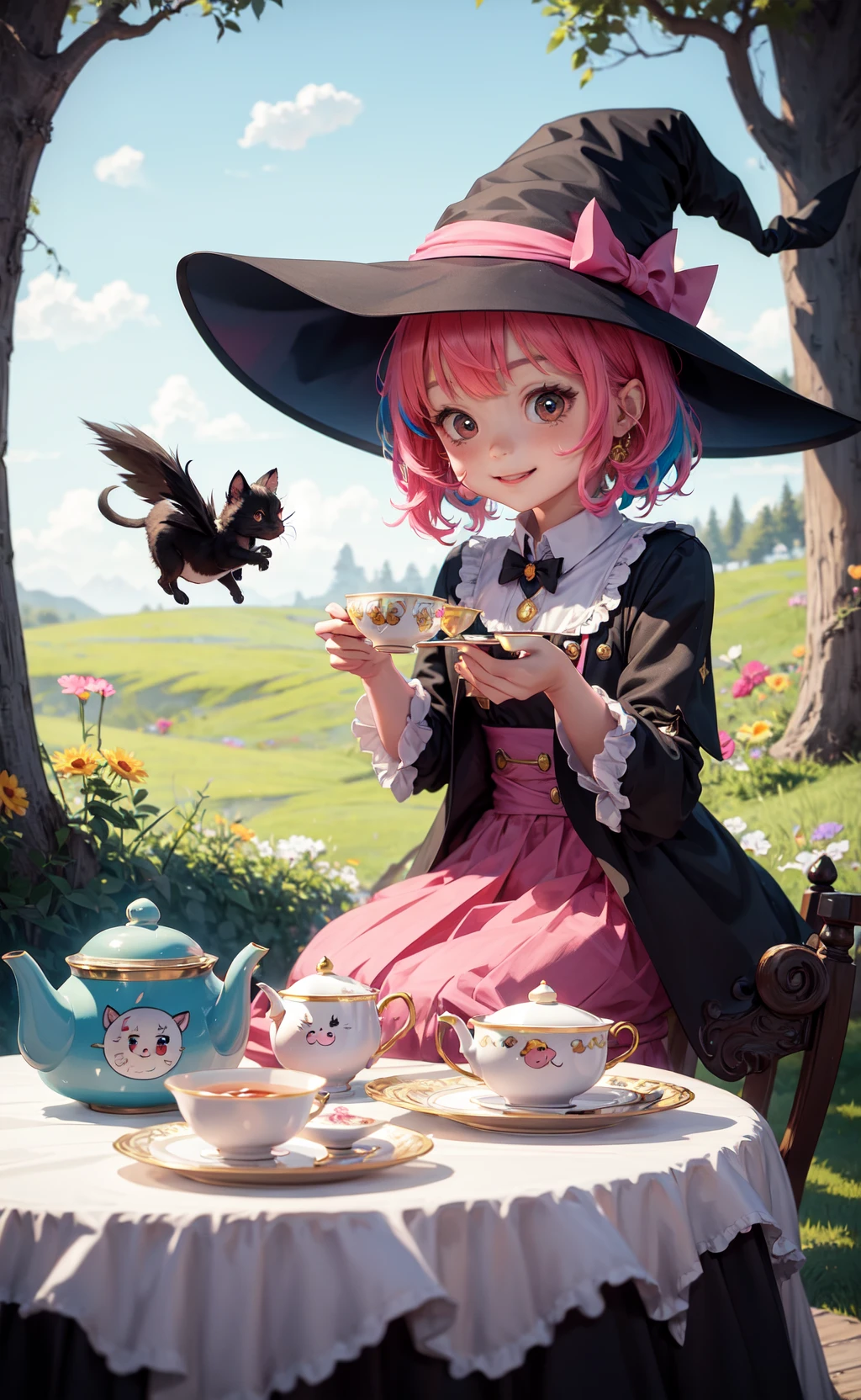 masterpiece, best quality, chibi, witch tea party, cute, happy, vibrant, colorful