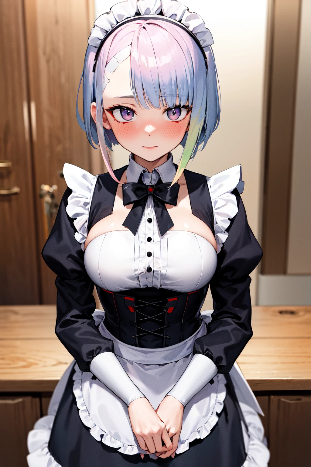 masterpiece, best quality, highres, lu1, cyborg, multicolored hair, makeup, maid headdress, maid, maid apron, corset, frilled dress,  <lora:lucy_(cyberpunk)_v10:0.7>, indoors, embarrassed, blush