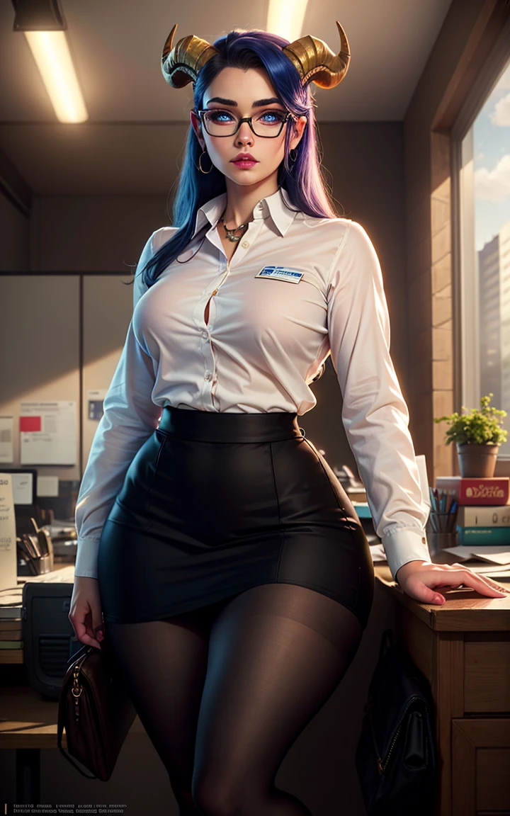 ((masterpiece,best quality)),wallpaper,HDR,high-definition,[[[[Intricate Details]]]],cinematic,photorealistic,1girl, curvy, Draenei, blue skin, horns, <lora:Draenew:0.75>, office lady, mini skirt, pantyhose,