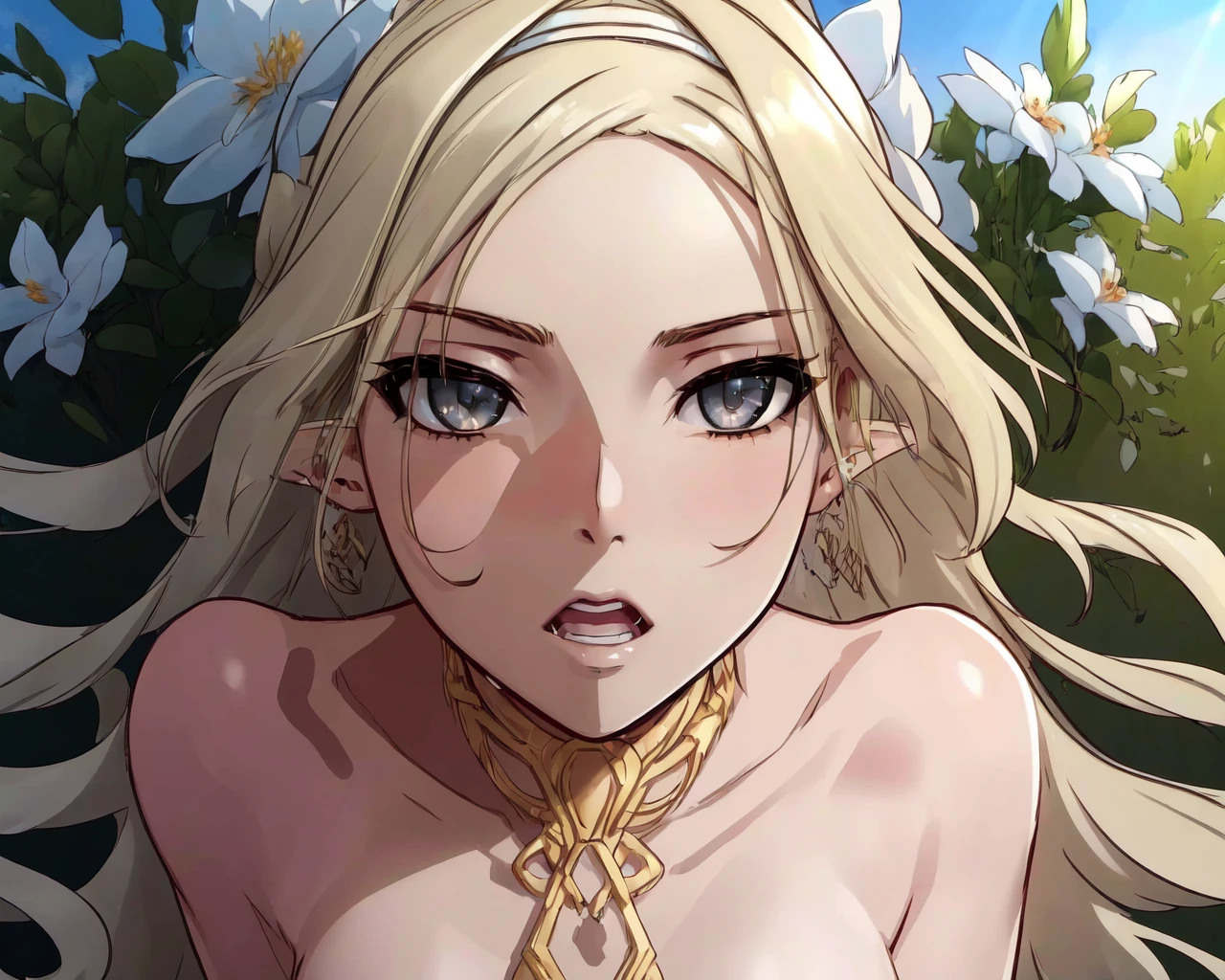 <lora:e7 Iseria3:0.7> e7 Iseria, gray eyes, flat chest, laying in a flower field, nsfw, nude, fully naked, showing nipples, outdoors, clear sky, pointy ears,
(masterpiece), best quality, highres, 4k, 8k, Detailed Illustration, intricate detail, cinematic lighting, amazing quality, 1girl, fit female, amazing shading, soft lighting, facing camera, perfect eyes