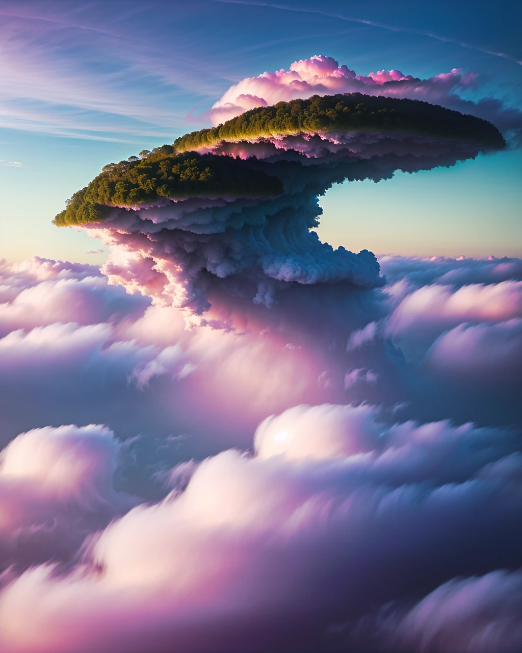 a surreal view of clouds, by Tom Froud, surreal art contest winner, dreamlike, pink clouds, rainbow skies, fluffy, whimsical, abstract clouds, fantasy, dreamworld, surreal landscapes, cloud castles, floating gardens, impossible structures, secret gardens, a journey through a dream, enchanted skies, mysterious beauty, mythical creatures