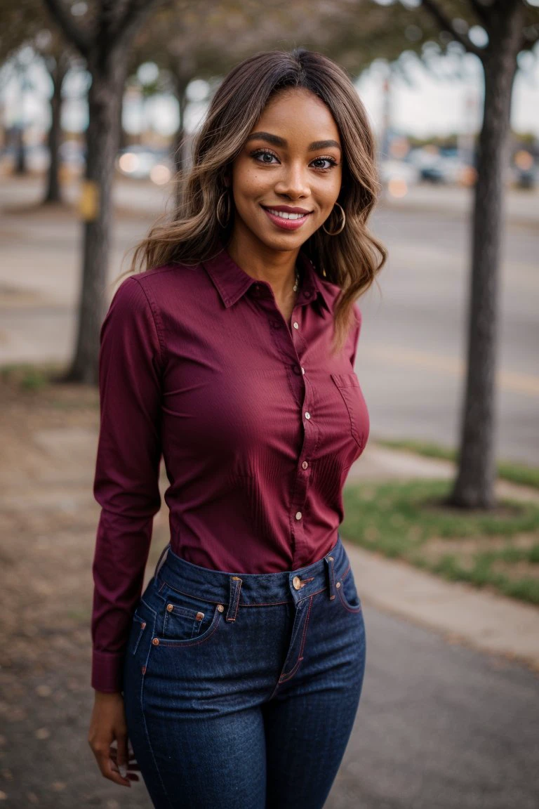 black woman, 1girl, selfie, looking at viewer, blue eyes,  smile, standing, depth of field,  red jeans, shirt tucked in,