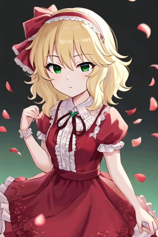 Sakurai Momoka,
1girl, blonde hair, blurry, blurry foreground, dress, frilled dress, frills, gradient background, green background, green eyes, hairband, looking at viewer, medium hair, neck ribbon, petals, red dress, ribbon, solo, two-tone background, white background
<lora:u149-v4.0:1>