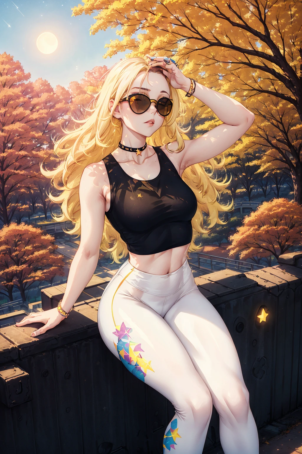 legging, <lora:Scrunch-Legs-V3:1>,, from_above, crop top, detailed face, yellow bodycon tank top, hair, park, sky, trees, pale skin, moonlight, stars, 1girl, statement sunglasses, woman,petite, vivid colors, bokeh background, subject for emphasis,dramatic colors,