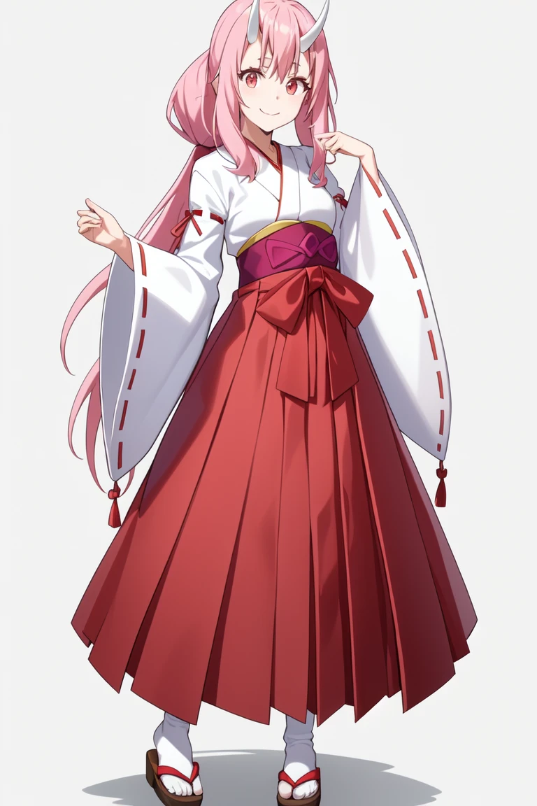 Shuna 
<lora:ShunaV1:0.7>
1girl, bangs, closed_mouth, full_body, hair_between_eyes, hakama, hakama_skirt, horns, japanese_clothes, long_hair, long_sleeves, looking_at_viewer, low_ponytail, miko, oni, oni_horns, pink_hair, red_hakama, ribbon-trimmed_sleeves, ribbon_trim, sandals, shiina_yuika, simple_background, skirt, smile, socks, solo, tabi, very_long_hair, virtual_youtuber, white_background, white_legwear, wide_sleeves