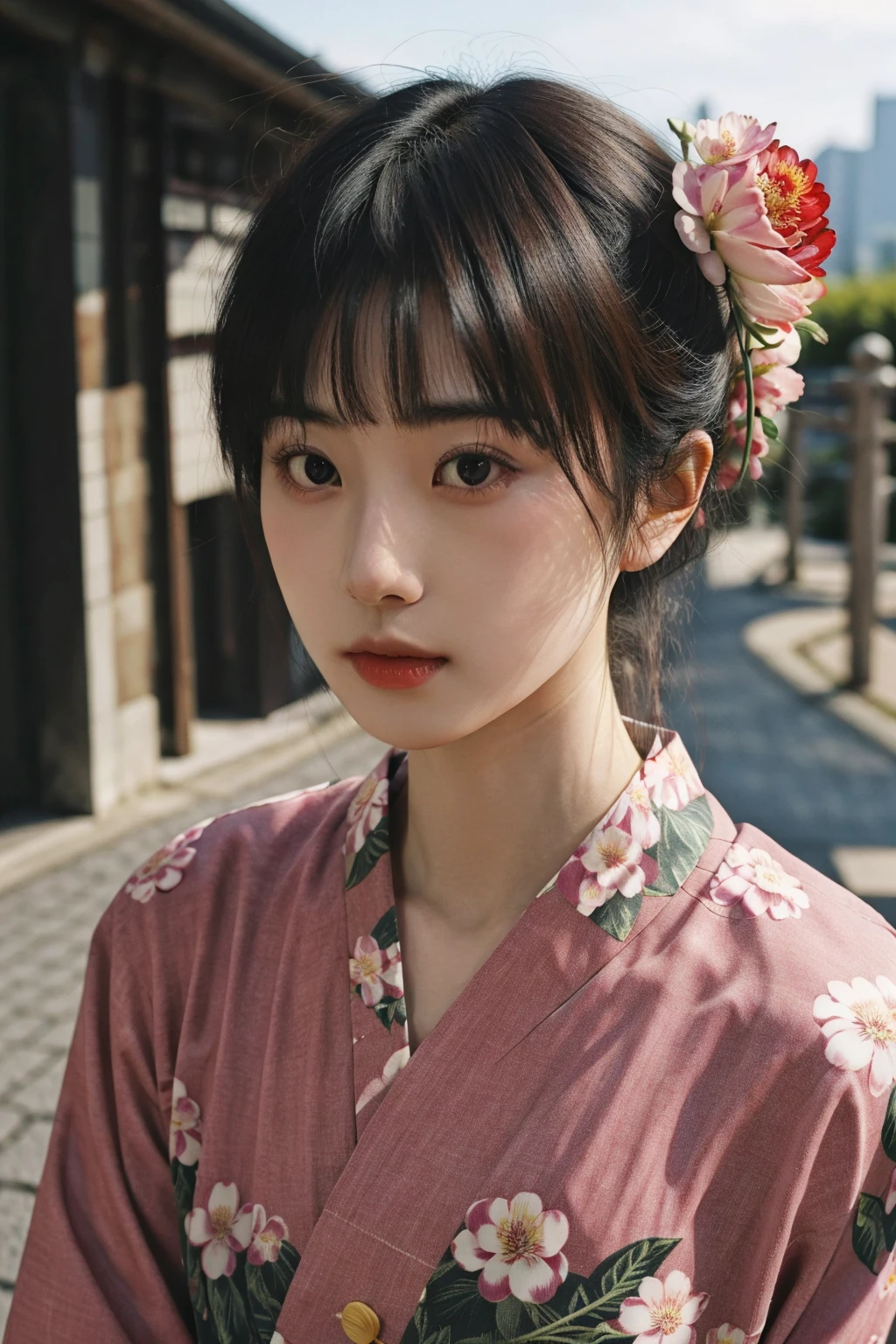 1girl, solo, outdoor, cute japanese model girl, kimono, floral print, hair ornament, looking at viewer, hair flower, brown eyes, bangs, masterpiece, best quality, realistic, <lora:Velvia1:0.6>