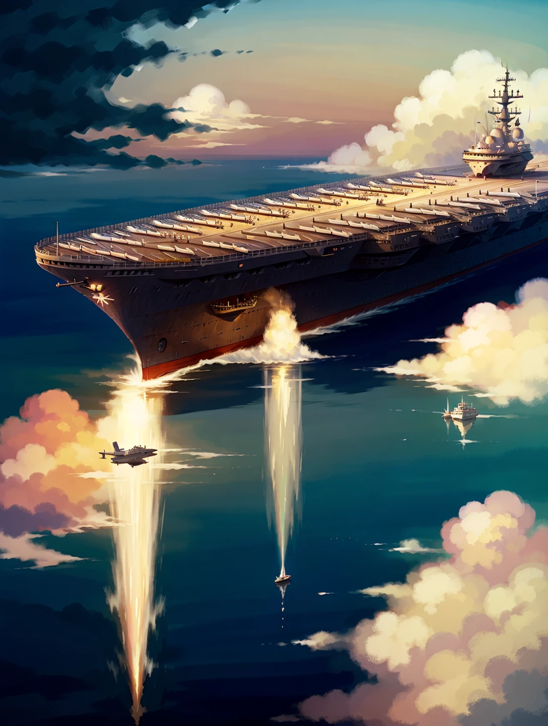 artstyle,, landscape of a Elegant girl and Aircraft carrier, Clear skies, Overdetailed art, Regret, CGI Art, Rembrandt lighting, 80mm, Oversaturated