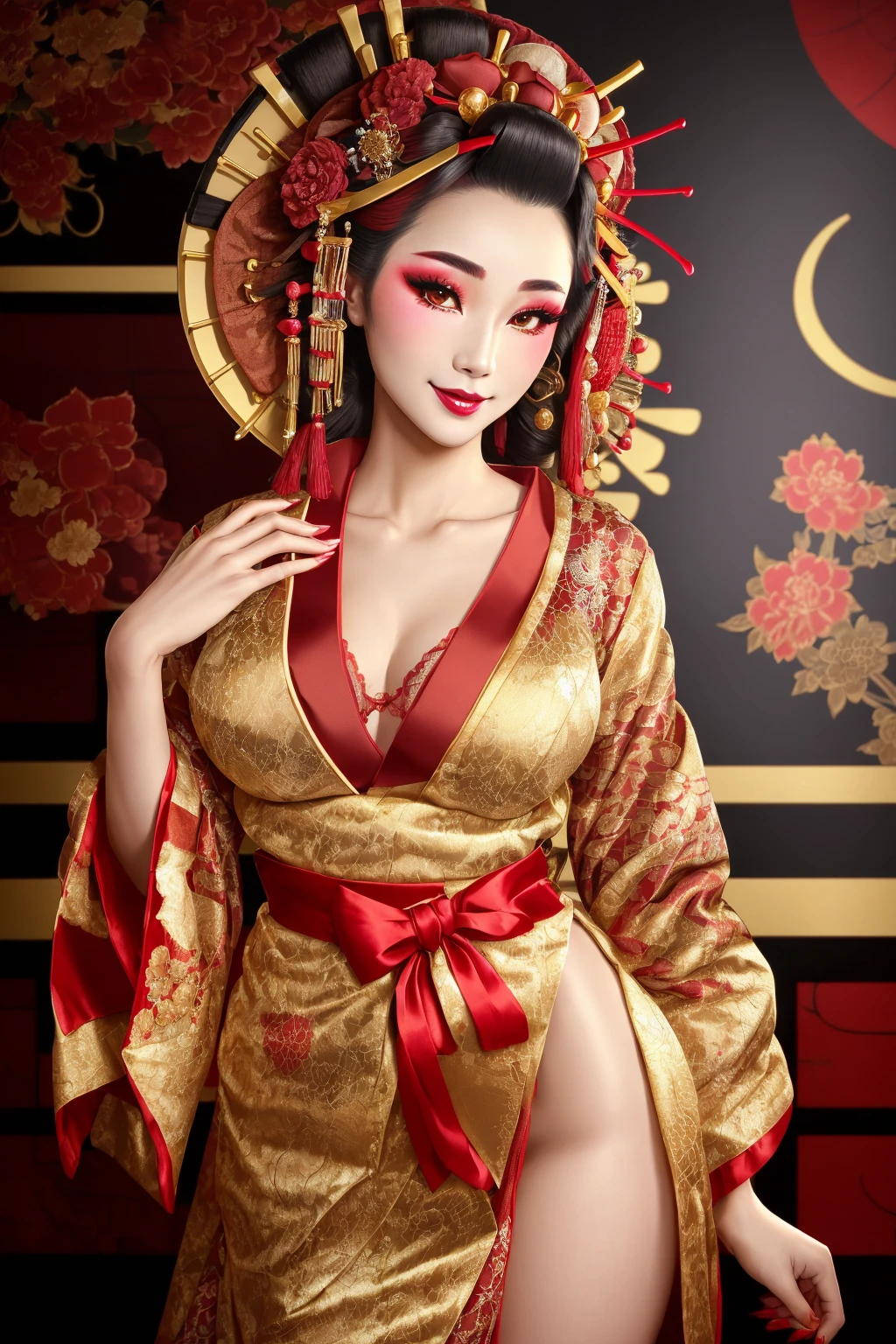 Masterpiece, absurdres, fine detail, HDR,beautiful smile, highly detailed facial features,
edgOiran_woman,perfect edgOiran_face,perfect edgOiran_body,edgOiran_makeup,edgOiran_hairstyle,(a woman in a sexy lingerie sheered robe posing for a picture , wearing edgTemptation, kimono:1.25)
<lora:OiranTemptation:0.778>
