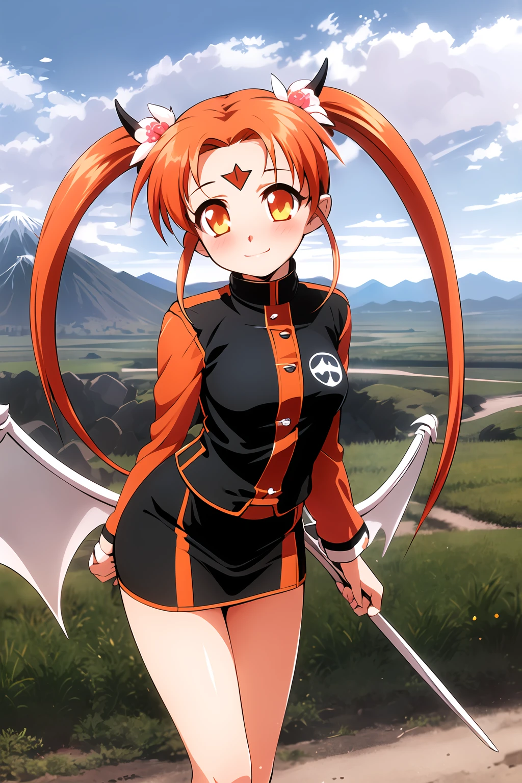 masterpiece, 1girl, pretty sammy, hair flower, horns, demon tail, dragon wings, orange eyes, flames, mountains, volcano, badlands, (large breasts:0.8), standing, cute, blush, red and orange hair, long twintails, forehead mark, temple, glowing runes, magical, best quality