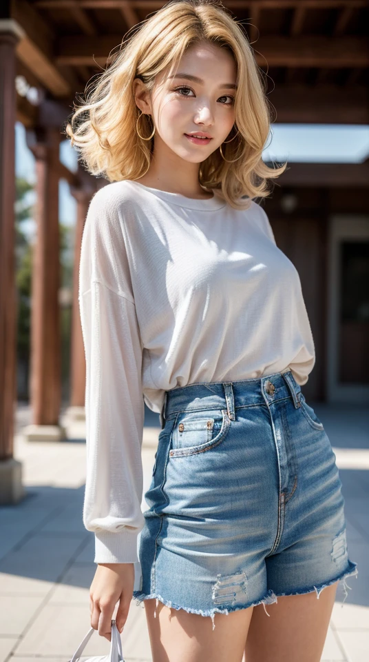 8k, best quality, masterpiece, realistic, ultra detail,  photography, HDR, ROW photo, highres, absurdres, studio light, official art, depth of field,
full body, slender, cute face, smile, beautiful details eyes, 19years old korean, pretty, Voluminous curls with warm blonde color, 
Plaza, casual,