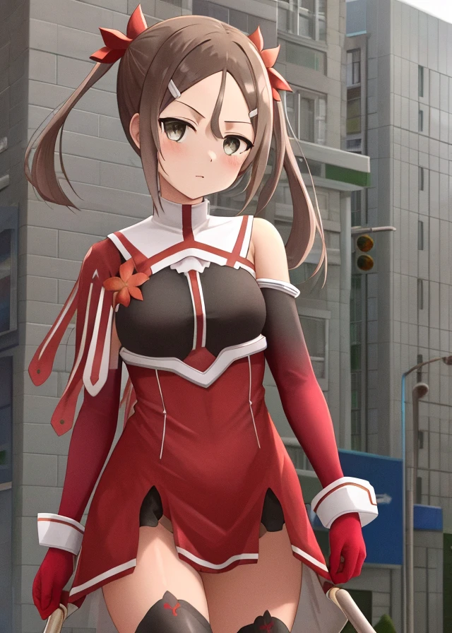 ((Street in the middle of a modern city,detailed background,beautiful background)),<lora:Miyoshi_Karin-10:1>, Miyoshi_Karin, 1girl, solo,brown hair, hair ornament, thighhighs, gloves, dress, hair between eyes, bare shoulders, twintails,brown hair, boots, elbow gloves,parted bangs, grey eyes, thigh boots, red dress, red footwear, red gloves, red thighhighs,red leotard,upper body