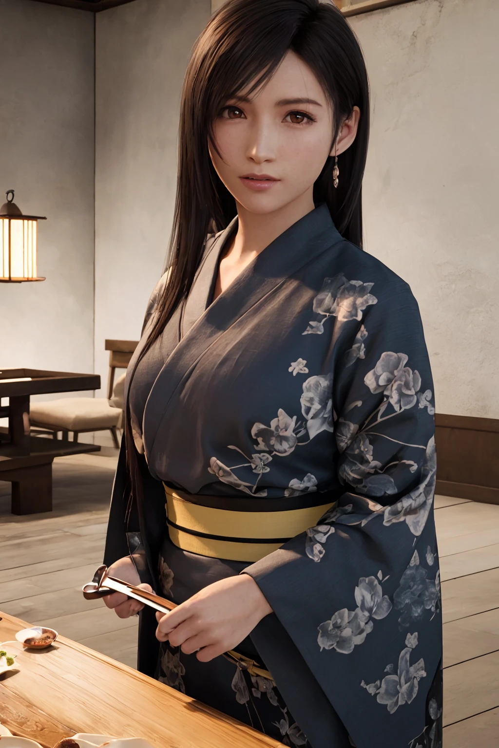 (8k, best quality, masterpiece:1.2),(ultra-detailed),(high quality:1.3),(high resolution),detailed hair,hard rim lighting,((dramatic lighting)),sharp focus,1girl,tifa lockhart,kimono,A delicate kimono,Japanese style room,tatami,Japanese table,Japanese cutlery,Japanese food,open kimono,