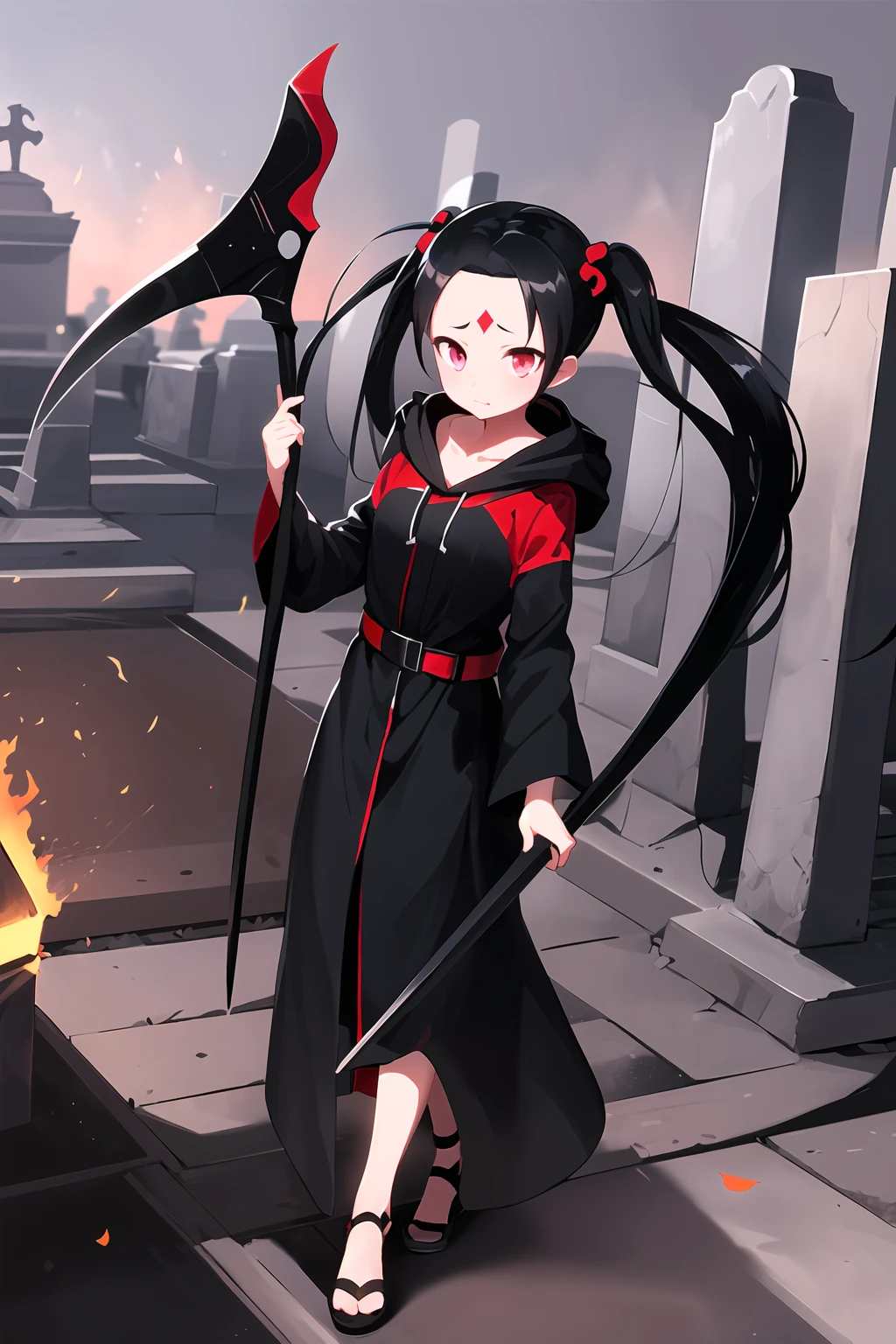 masterpiece, 1girl, dynamic angle, pretty sammy, black eyes, (large breasts:0.8), standing, cute, grim reaper, scythe, black robes, hood, glowing red and black eyes, evil, cemetery, fog, night, darkness, (black hair:1.3), long twintails, skull forehead mark, best quality