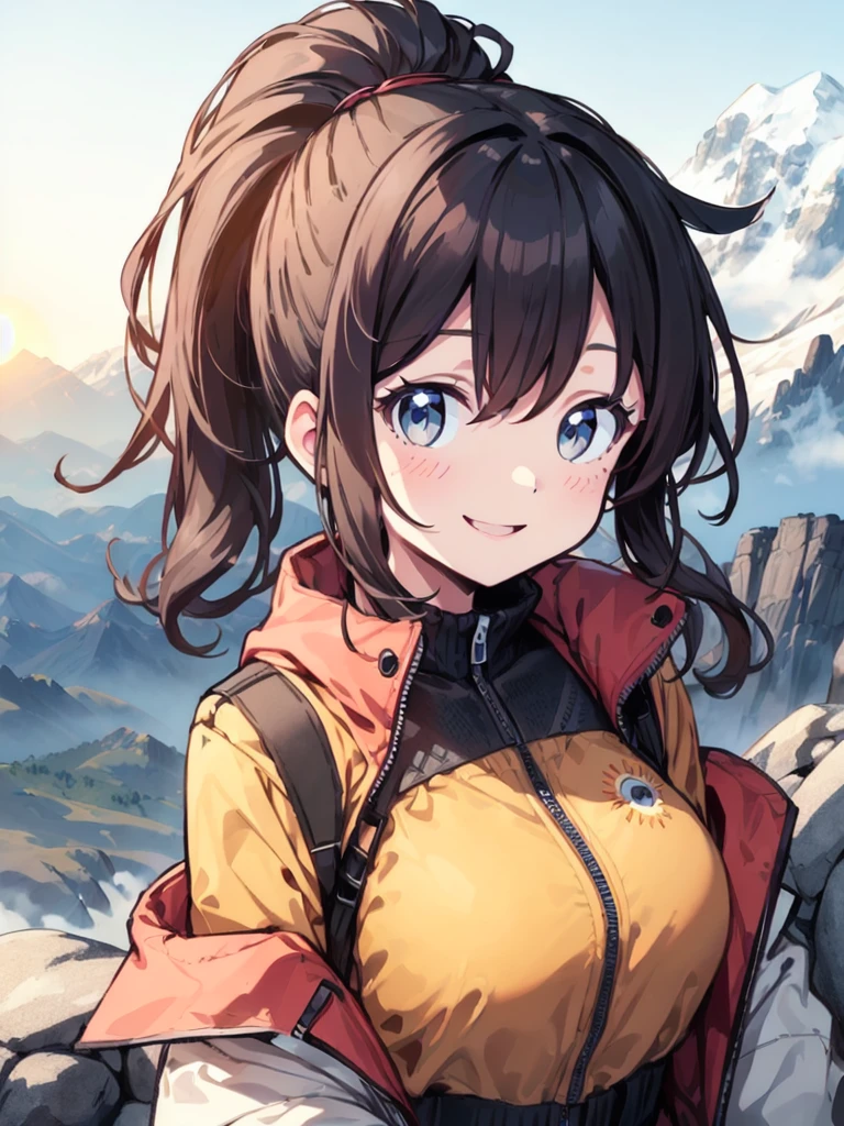 big (eyes:1.1) girl, ponytail, jacket, flat chest, (2d line:1.3),  (mountain:1.3), sun gose down, smile <lora:boldline2:1.5>