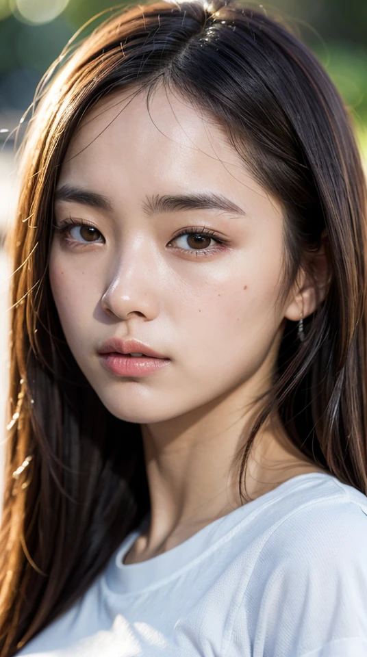 8k, best quality, masterpiece, realistic, ultra detail, photography, HDR, ROW photo, highres, absurdres, smoother light, official art, depth of field, (brightening light:1.1),
face close-up, slender, finely detailed face, shy, beautiful details eyes, 19years old korean, pretty, (best quality real texture skin:1.4),
t-shirts, wind,