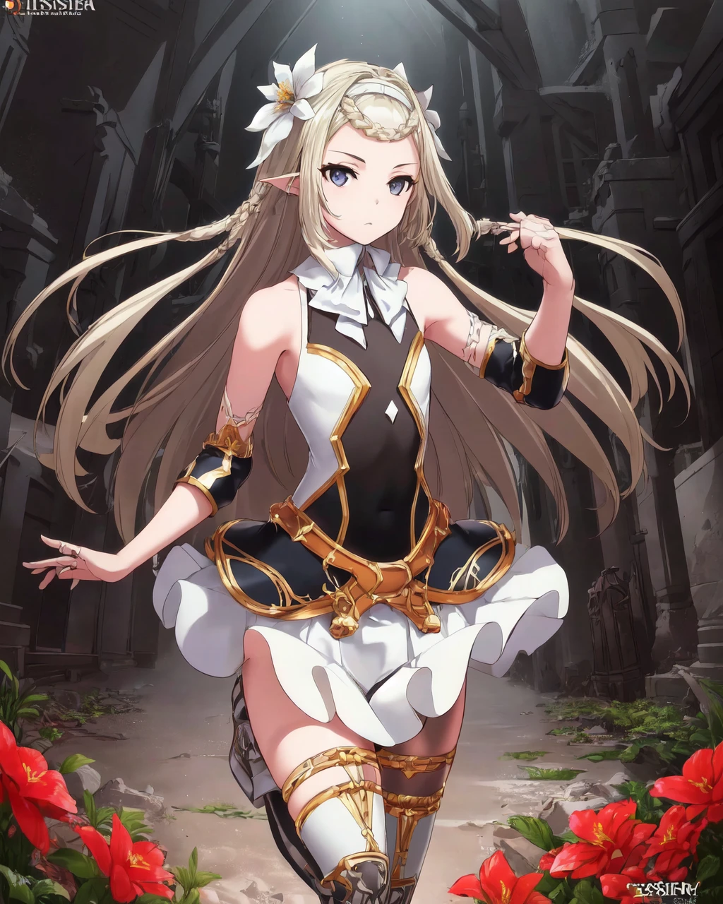 <lora:e7 Iseria3:0.7> e7 Iseria, gray eyes, flat chest, jumping at a flower field,
(masterpiece), best quality, highres, 4k, 8k, Detailed Illustration, intricate detail, cinematic lighting, amazing quality, 1girl, fit female, amazing shading, soft lighting, facing camera, perfect eyes