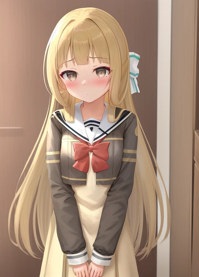 <lora:Nogi_Sonoko-10:0.8>,1girl,solo, Nogi_Sonoko, blush, blonde hair, brown hair,grey eyes, long sleeves, dress, bow, ribbon, very long hair, school uniform, hair ribbon, serafuku, blunt bangs, bowtie, sailor collar, red bow, dress