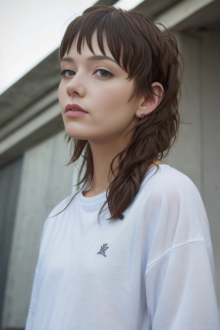 masterpiece, realistic, 8k, (1woman:1.3), european, white shirt, (dak hair:1.3) , <lora:A_Mullet_Cut:0.8>mullet-hair, short hair,long mullet