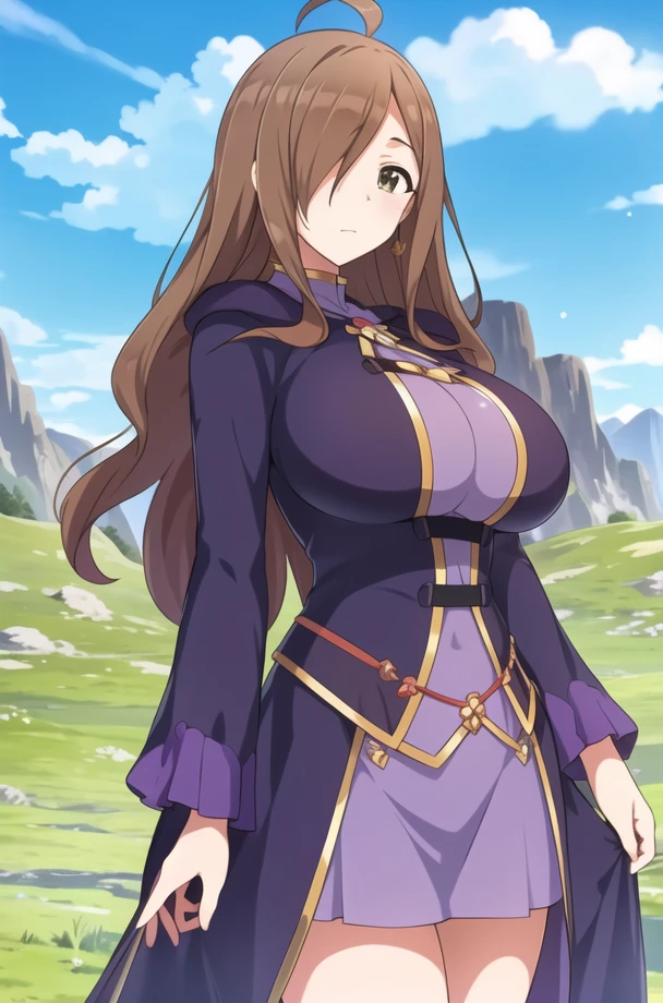 a painting of a mountain range with a sky background and clouds in the background, with a green field in the foreground,
Standing at attention,
Purple_long_sleeves_robe,(Purple_Skirt),
<lora:WIZ_KonosubaFD-KK77-V1:0.7>,jewelry,earrings,gloves,
(brown_long_hair),brown_eyes,hair_over_one_eye,
1 girl, 20yo,mature female,Beautiful Finger,Beautiful long legs,Beautiful body,Beautiful Nose,Beautiful character design, perfect eyes, perfect face,
looking at viewer, (big_eyes:1.0),(expressionless:1.3),
NSFW,official art,extremely detailed CG unity 8k wallpaper, perfect lighting,Colorful, Bright_Front_face_Lighting,
(masterpiece:1.0),(best_quality:1.0), ultra high res,4K,ultra-detailed,
photography, 8K, HDR, highres, absurdres:1.2, Kodak portra 400, film grain, blurry background, bokeh:1.2, lens flare, (vibrant_color:1.2)
(Beautiful,large_Breasts:1.4), (beautiful_face:1.5),(narrow_waist),