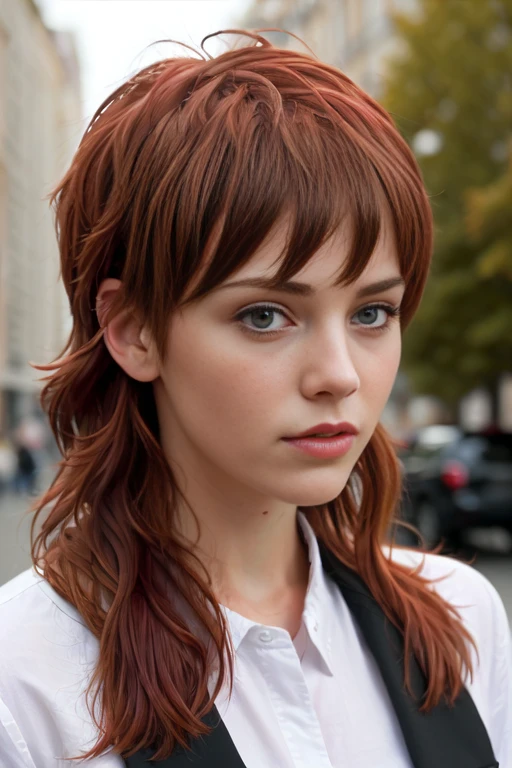 masterpiece, realistic, 8k, (1woman:1.3), european, white shirt, (red hair:1.1) , <lora:A_Mullet_Cut:0.7>mullet-hair, short hair,(long mullet:1.3),