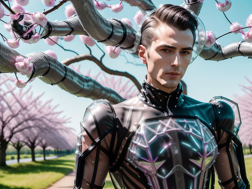 <lora:weird future fashion_v4:1> a clean shaven man, wearing thorny fractal metallic transparent plastic astronaut visor, (((black clothes))), weird future fashion, standing in an alien cherry blossom orchard, (cinematic overcast lighting), bokeh, hdr, 8k, sharp focus, dof, 35 mm lens portrait, close up (professional model photograph), (shallow focus), (extremely detailed face and body), mood lighting