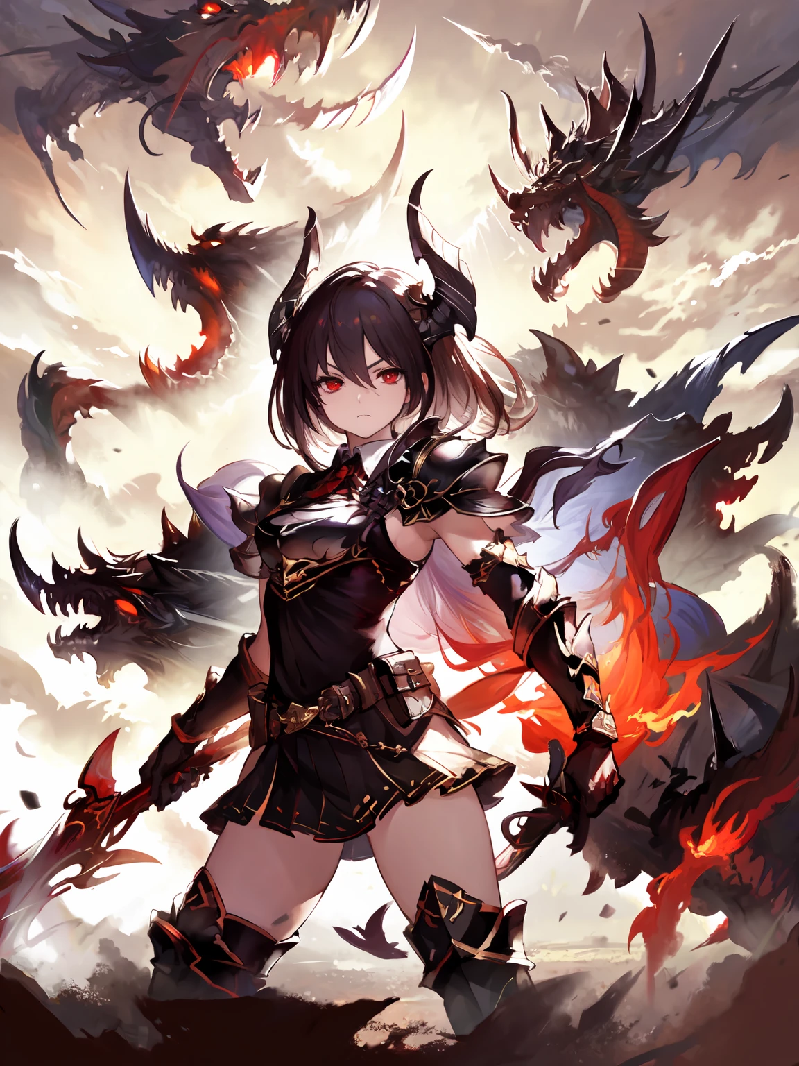 masterpiece,best quality,highres,1girl,<lora:ForteV2:0.75>,looking to the side,portrait,from random point of view,dual wielding, white lance,black lance,dragon,holding,weapon,armor,black thighhighs,skindentation,red eyes,serious,<lora:chineseDragonMolongInk_molongV10:0.7>,ink dragon,black dragon
